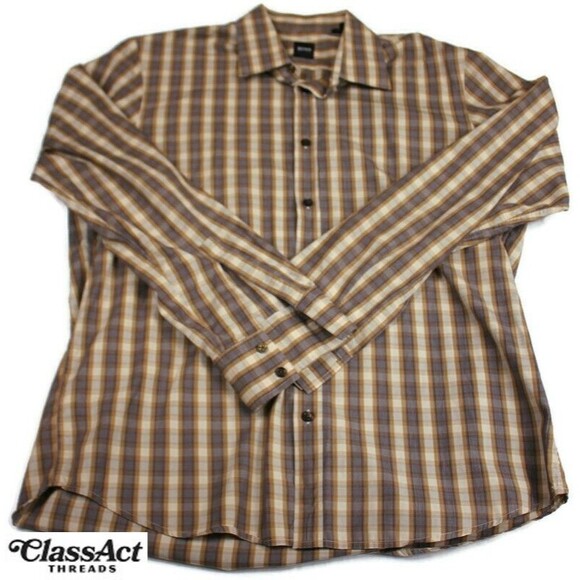Hugo Boss Shirt Men Brown Button Up Plaid Cotton Sz XL - Picture 1 of 9